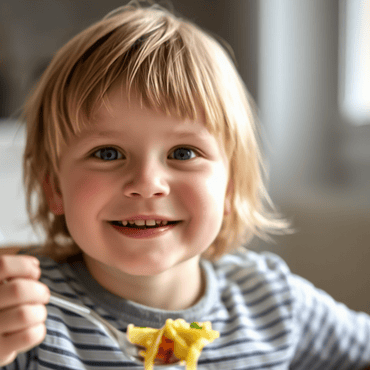 Bambino sorridente seduto a tavola mentre mangia un piatto di pasta con verdure colorate