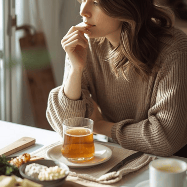 Donna seduta al tavolo della cucina che guarda pensierosa una colazione leggera con tè caldo e cibo semplice, in un momento di riflessione sul rapporto con il cibo.