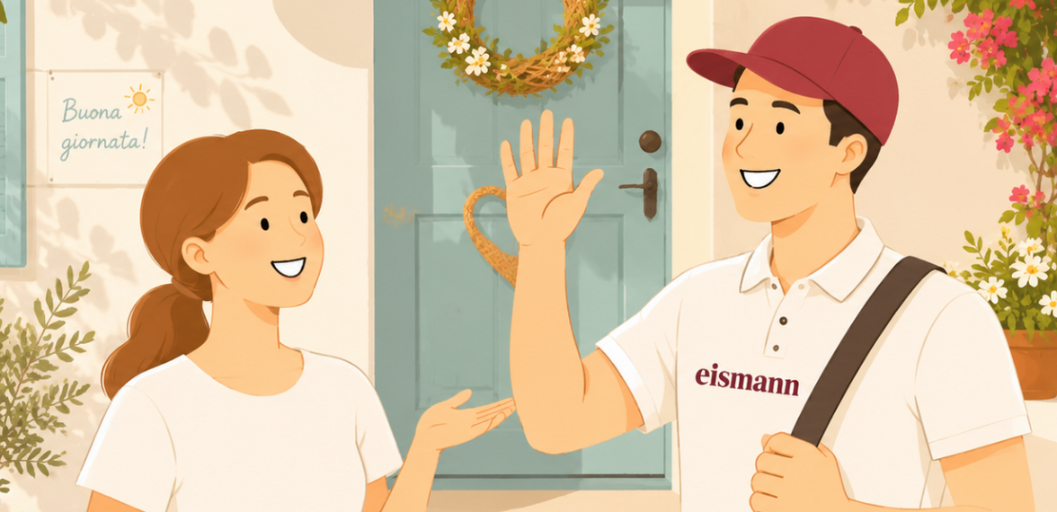Illustrazione estiva di un Eismann alla porta